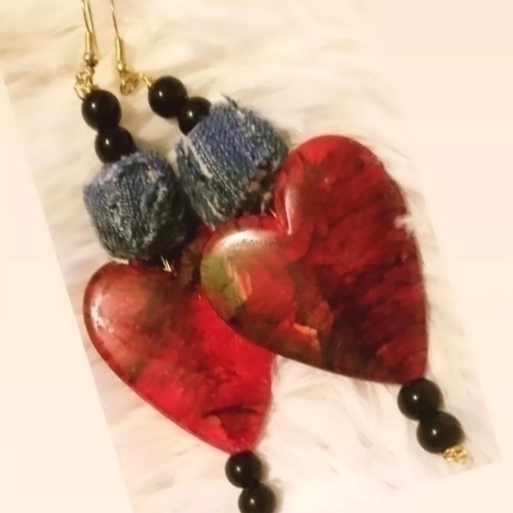 Tasty Raw Edge Denim Beady Heart Dangle Earrings